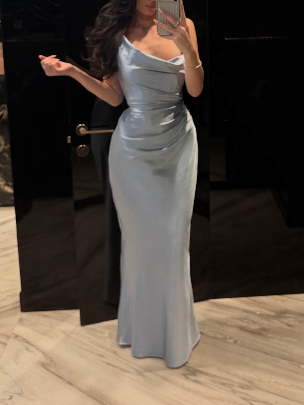 Satin Cowl Neck Slip Dress in Light Blue